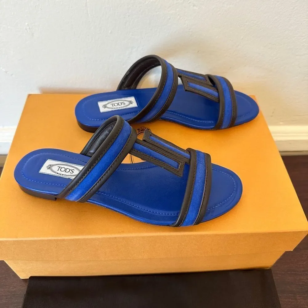 Tods Women’s open toe, slip-on leather blue stylish sandals size 7, NIB